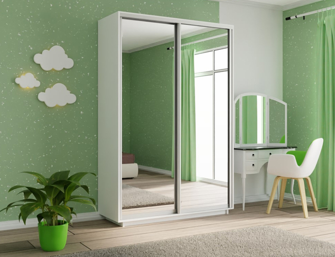 Шкаф-купе Экспресс 2-х дверный (Зеркало), Белый снег