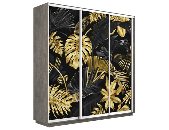 Шкаф-купе Экспресс Люкс 3-х дверный (Фото №1003 Листья золото), Бетон